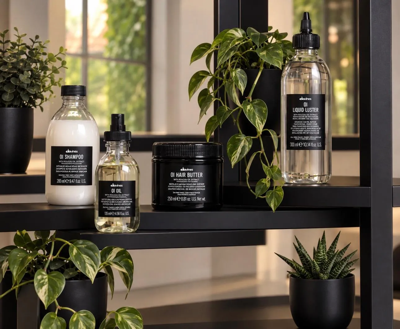 Flaconi Davines OI Shampoo, OI Oil, OI Hair Butter e OI Liquid Luster su una mensola nera