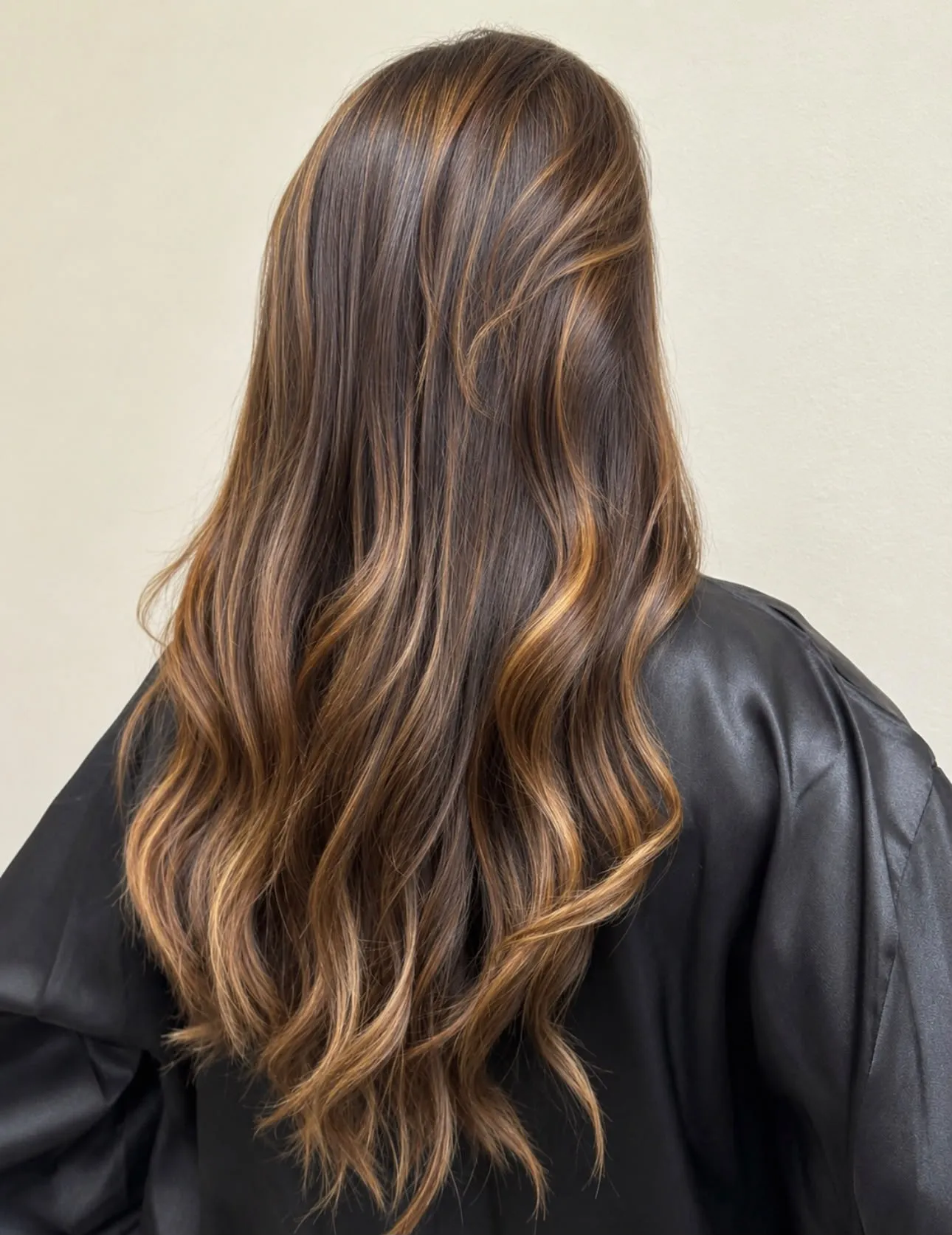 Capelli castano scuro lunghi con schiariture ambrate, visti di spalle
